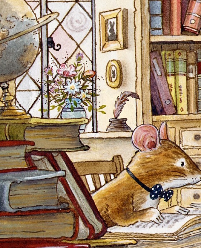 Harvey Mouse in his polka-dot bow tie, studying a large open book at a desk