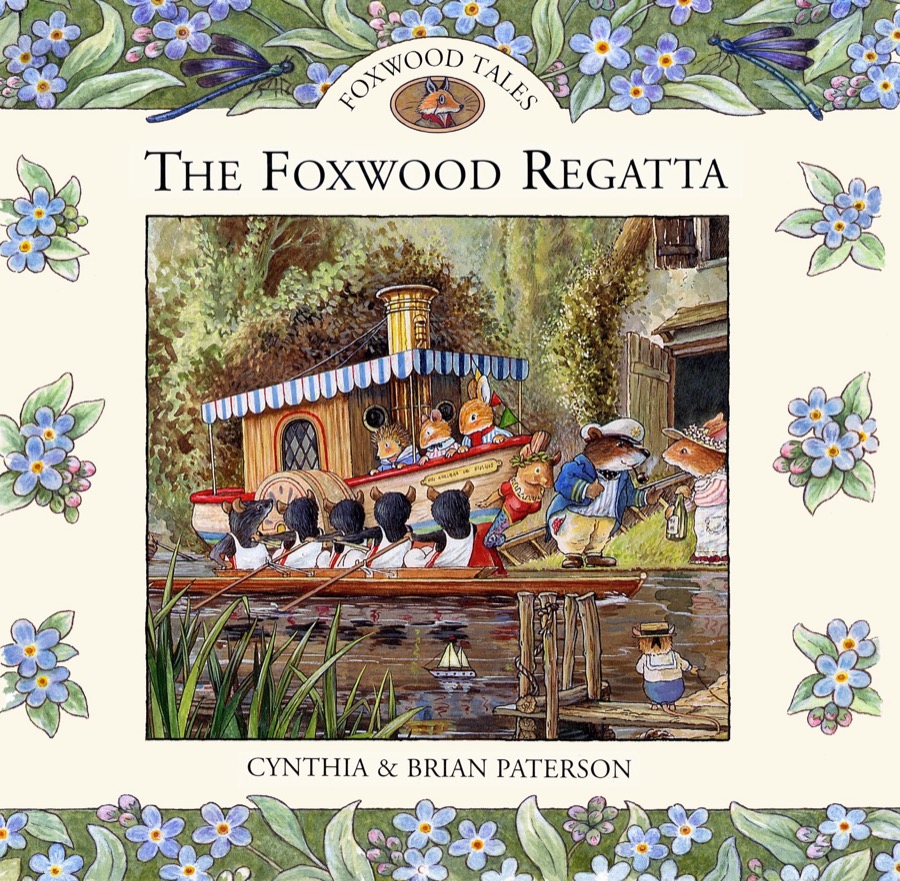 Cover artwork of The Foxwood Regatta: animals aboard a rowing boat with a striped canopy, framed by forget-me-nots