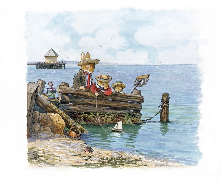 Artwork from The Foxwood Smugglers: rabbits fishing from a weathered seaside jetty with a lighthouse pier in the distance