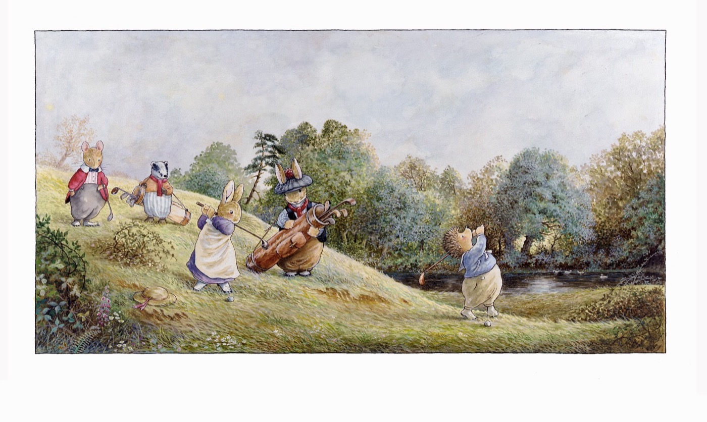 Woodland animals playing golf in a summer meadow beside a pond