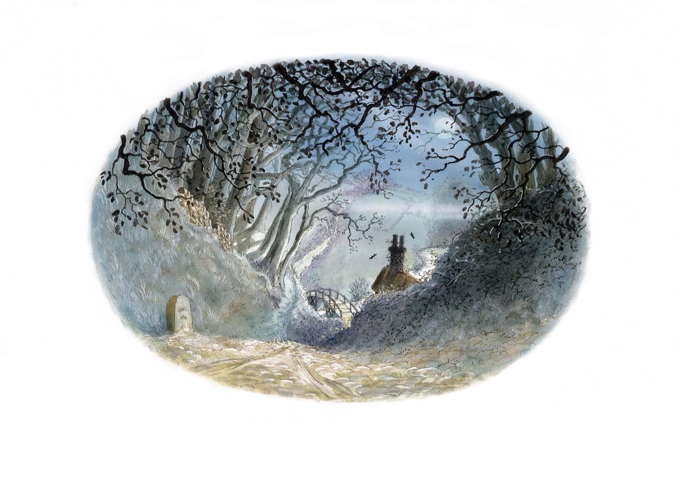 A moonlit country lane with a wooden footbridge, a milestone and bats beneath a full moon