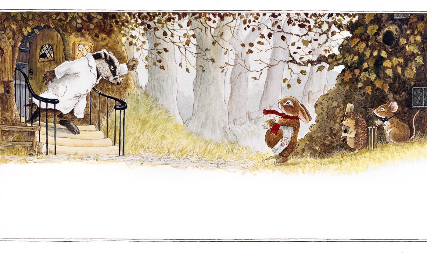 A badger dashing from his tree-house door towards friends waiting with a cricket bat and ball