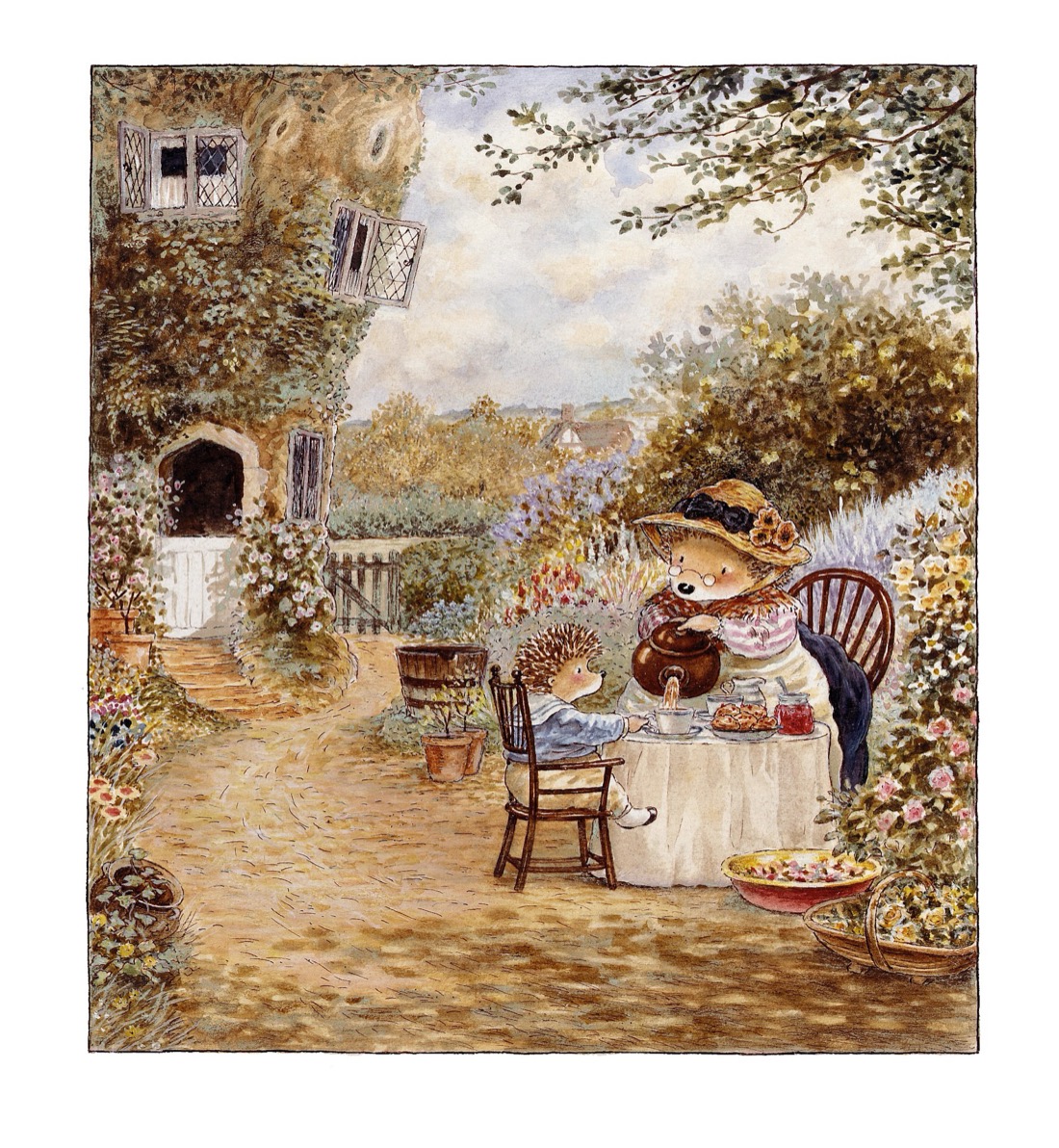 A grandmother hedgehog pouring tea for a young hedgehog at a garden table beside a stone cottage