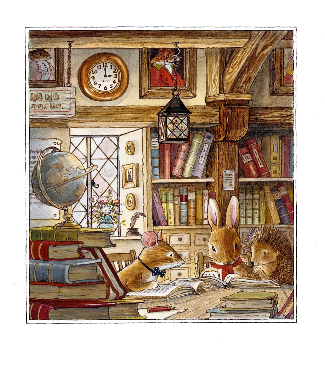 Harvey, Rue and Willy poring over a large open book in a cosy study full of bookshelves