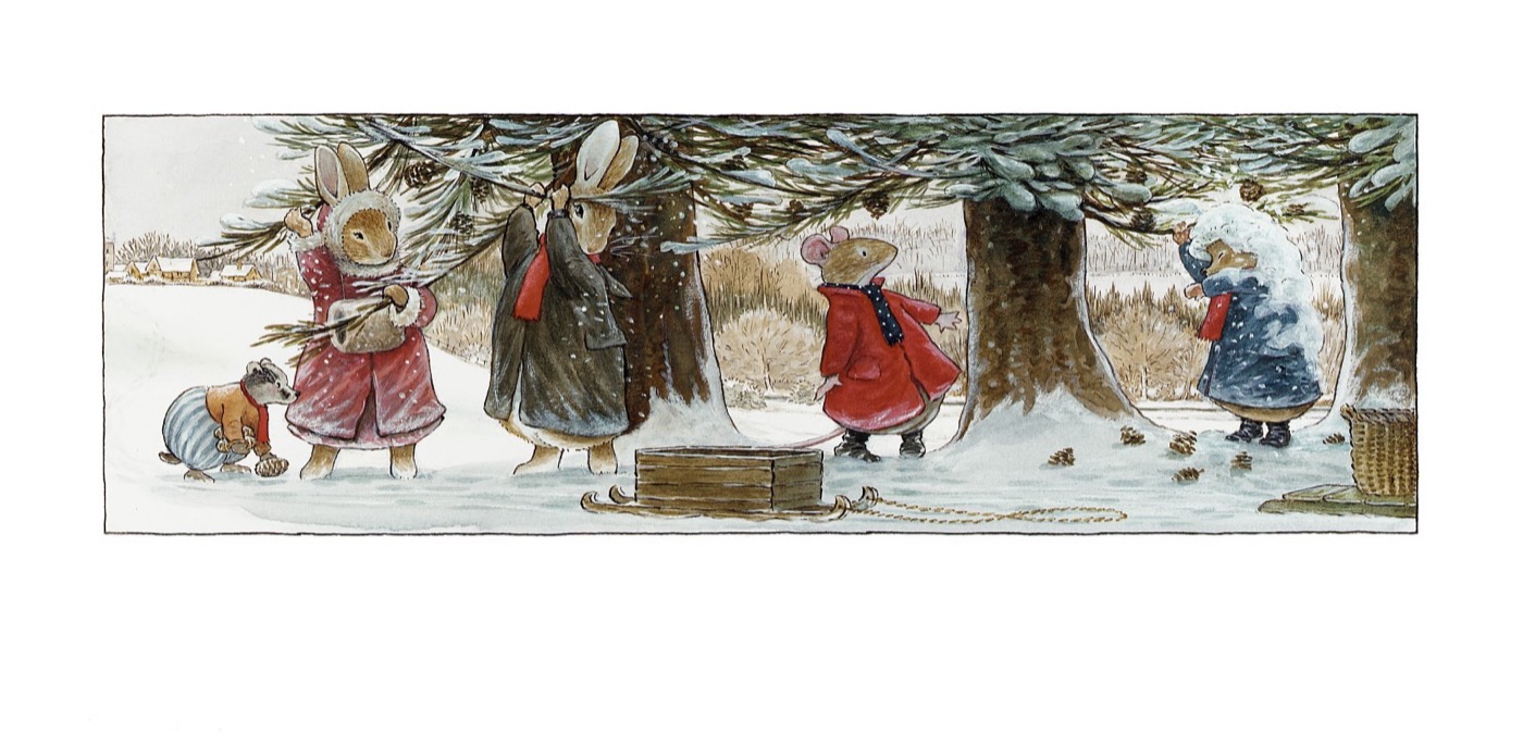 Friends gathering snow-dusted pine branches with a sled, a village on the horizon